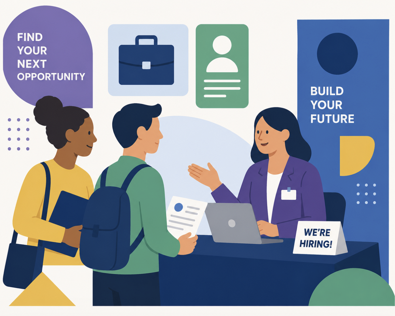 Illustration of students talking with an employer at a career fair